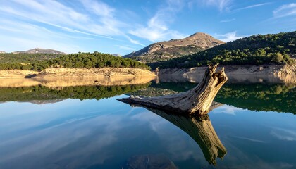 Serene landscape scene captures a calm lake reflecting the sky, trees, and a weathered tree trunk. Majestic mountains rise in the background