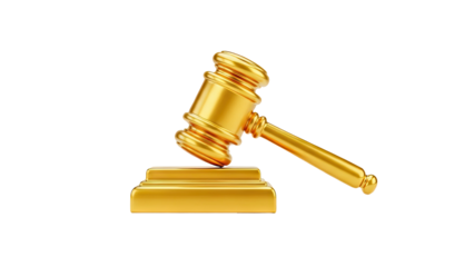 3D Golden Judge's Gavel on a Wooden Block on transparent background