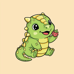 Cute Baby Dinosaur Cartoon Illustration Holding Strawberry, Kawaii Dino Character for Kids Design