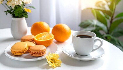 Breakfast setup with coffee, macarons, oranges, and flowers on a white table