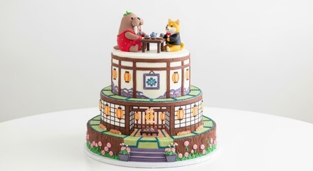 Whimsical animal tea party on tiered cake with traditional japanese decor
