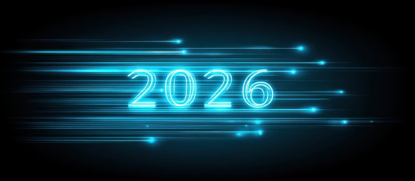 Futuristic Neon Blue 2026 Text Effect with Streaking Lights.