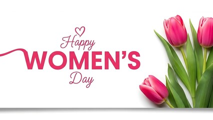Happy Women's Day greeting with pink tulips and elegant typography on white background