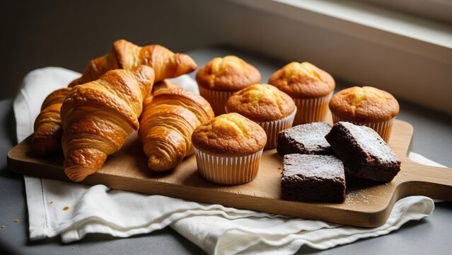 Delicious pastries and baked goods on a wooden board.