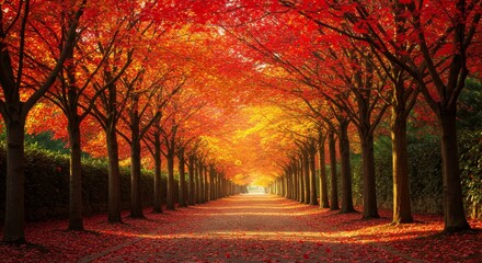 Fototapeta premium Autumn tree alley with vibrant red and orange leaves lining a path. Beautiful fall nature scene for background or seasonal design element.