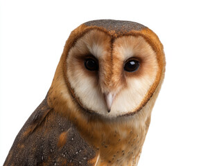 Naklejka premium White owl wildlife animal portrait studio shot white background isolated background design art animal portrait closeup face head eye beak feather brown black peaceful watching alert natural