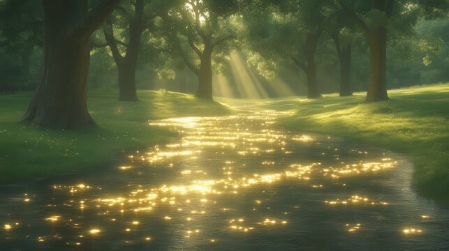 Sunlit stream meanders through a serene park, casting dappled light on grass and trees
