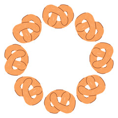 Hand drawn circular cookie frame in a simple doodle style, featuring cute baked shapes arranged in a soft, cozy wreath on a white background. Perfect for festive designs, labels, sweet themed branding