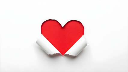 Obraz premium Red heart shape peeking through a torn hole in white paper with rolled edges