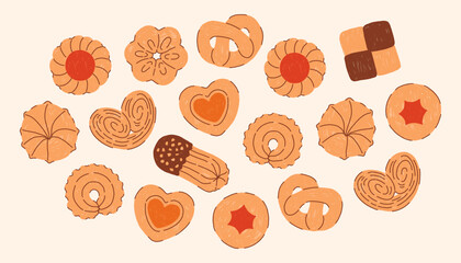 Simple hand drawn cookie set in a cute doodle style, featuring minimal shapes and warm tones on a light beige background. Cozy, sweet and playful illustration perfect for holiday designs and branding