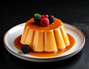 Caramel custard dessert topped with berries on a white plate
