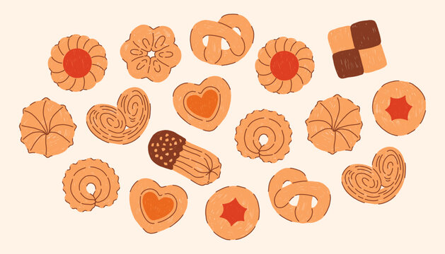 Simple hand drawn cookie set in a cute doodle style, featuring minimal shapes and warm tones on a light beige background. Cozy, sweet and playful illustration perfect for holiday designs and branding