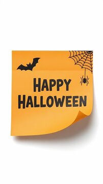 Happy Halloween Orange Sticky Note Bat Spider Web Greeting Motion Graphic