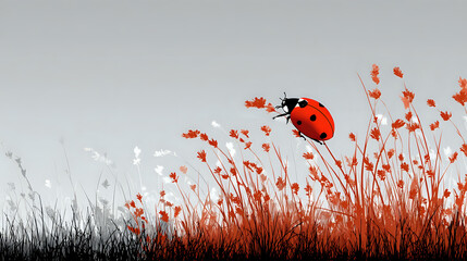 Close up of a ladybug on a blade of grass with red flowers and a blurred background