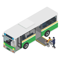 アイソメトリックイラスト：バスと車椅子