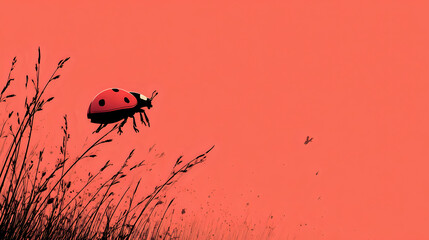 Close up of a red ladybug with black spots in flight against a coral background with grass