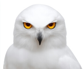Fototapeta premium Eye white yellow head owl sitting bird wildlife animal portrait closeup face beak feather brown black watching alert peaceful isolated white background studio shot design art natural light detail