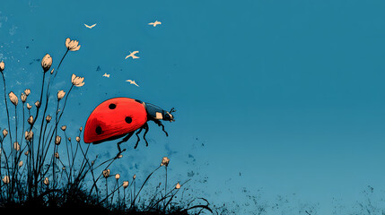 A vibrant red ladybug with black spots flies near delicate wildflowers against a serene teal