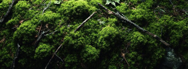 Close up of vibrant green moss texture with small twigs and branches