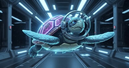 A futuristic turtle in a space suit gliding through a sleek, illuminated corridor in a spaceship - Powered by Adobe