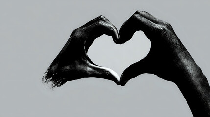 Close up of black hands forming a heart shape against a soft gray background