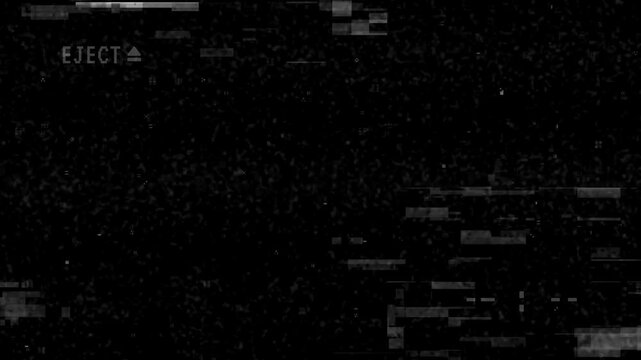 Static noise, digital glitches, eject icon. Suitable for design projects related to technology, error messages, and digital malfunctions. Vibrant and dynamic visual.