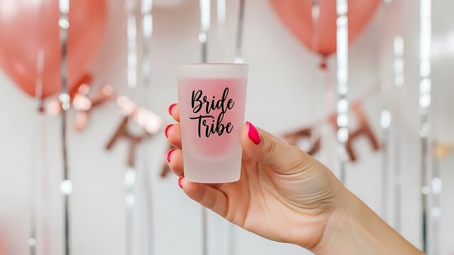 Hand Holding Frosted Shot Glass with "Bride Tribe" Text for Bachelorette Party image
