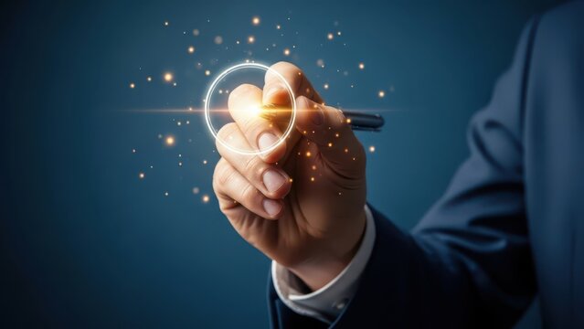 Businessman touching virtual circle with glowing light and sparks - Powered by Adobe