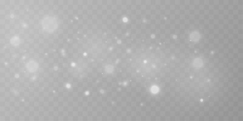White dust particles drift through luminous bokeh with shimmer. Sparks, glitter, and radiant highlights form elegant festive light. White png vector illustration. © longstock