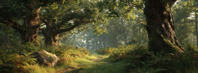 Forest landscape with path trees sunlight and greenery nature scene