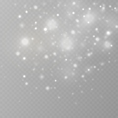 Fototapeta premium Silver glowing bokeh sparkles with dust and soft shimmer. Tiny particles, sparks, and luminous highlights add holiday atmosphere. Christmas png vector illustration.
