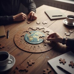 Team Collaboration Concept with World Puzzle and Gears