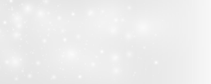 White glowing bokeh shines with sparkling dust and silver shimmer. Tiny particles, sparks, and soft highlights form festive light motion. Christmas png vector illustration.