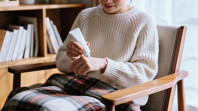 乾燥した冬の室内でハンドクリームを塗る女性