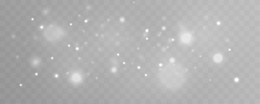 Silver glowing bokeh sparkles with dust and soft shimmer. Tiny particles, sparks, and luminous highlights add holiday atmosphere. Christmas png vector illustration.