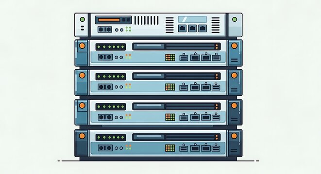 Stack of data center server racks in a flat vector illustration style.