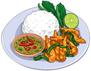 Cartoon plate with rice, shrimp, green veggies, and spicy dipping sauce