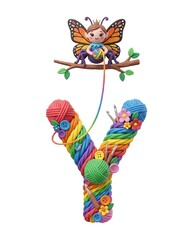 A colorful and imaginative depiction of the letter Y made from yarn and decorated with a butterfly, perfect for showcasing creativity and artsy hobbies.