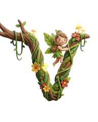 A whimsical fairy character playfully climbs a vibrant, floral-adorned letter 'V' made of twisting vines and branches, embodying enchantment and nature's beauty.