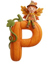 Letter P a whimsical character sitting on a vibrant pumpkin-shaped letter 'P'. This enchanting scene captures the essence of autumn and celebrates the charm of seasonal festivities.