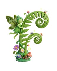 Letter F a whimsical fairy perched on a vibrant fern, surrounded by colorful flowers and tiny butterflies. This enchanting scene captures the magic of nature and fantasy in harmony. 