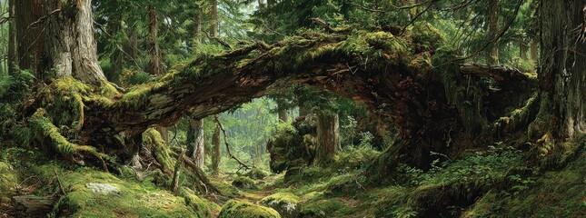Fototapeta premium Forest landscape with arching tree and lush green foliage during daylight