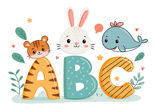 Adorable animal alphabet art for kids featuring tiger, rabbit, and whale perfect for nursery decor, playful learning, and children's educational materials