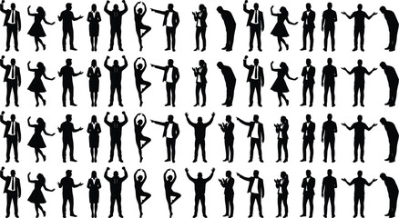 Business people silhouette collection showing diverse standing, gesturing, dancing and expressive poses for corporate teamwork concepts isolated on white background