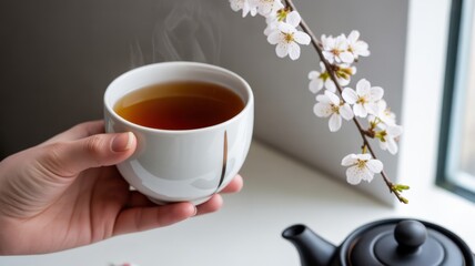 A Moment of Tea: Hand holds a steaming teacup, the rich, dark liquid, accompanied by delicate blossoms and a teapot, evoking a sense of tranquility and a moment of peace.