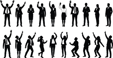 Business people silhouettes set showing professional men and women standing, pointing and celebrating success, teamwork and corporate achievement isolated on white