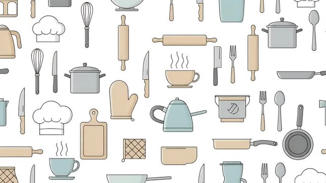 Minimalist Kitchen Utensils Pattern Light Blue Beige Flat Design