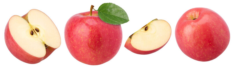 Close-up shot, pink apple with leaves, half and slices isolated, transparent PNG, PNG format, cut out