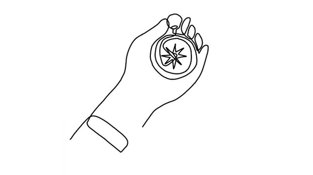 continuous line animation of hand holding compass