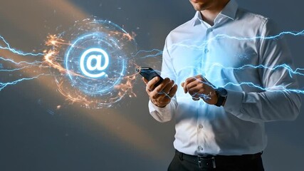 Man interacts with digital communication interface, email and technology concept - Powered by Adobe